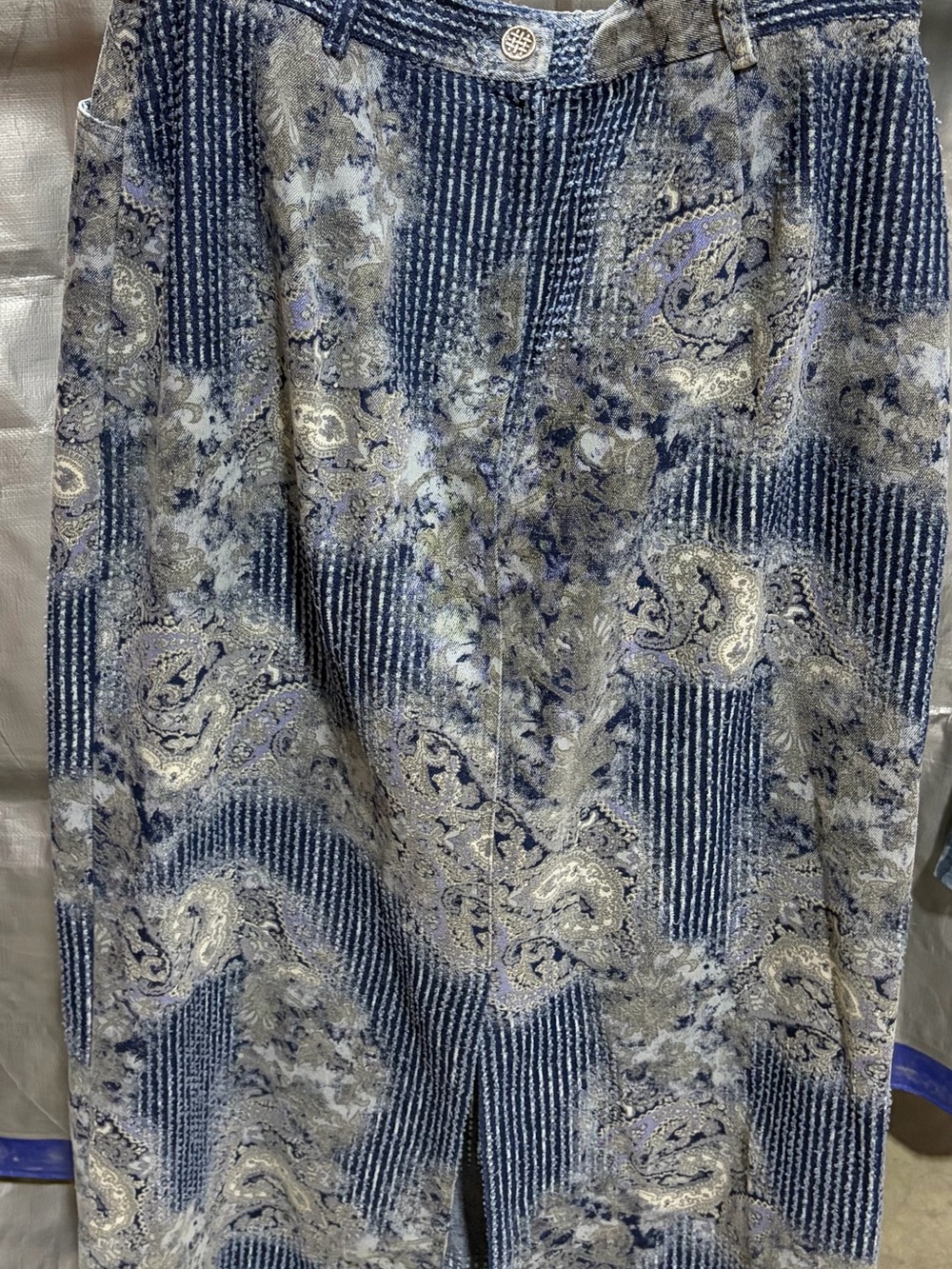 Paisley-Striped Midi Skirt in Blue and Cream
